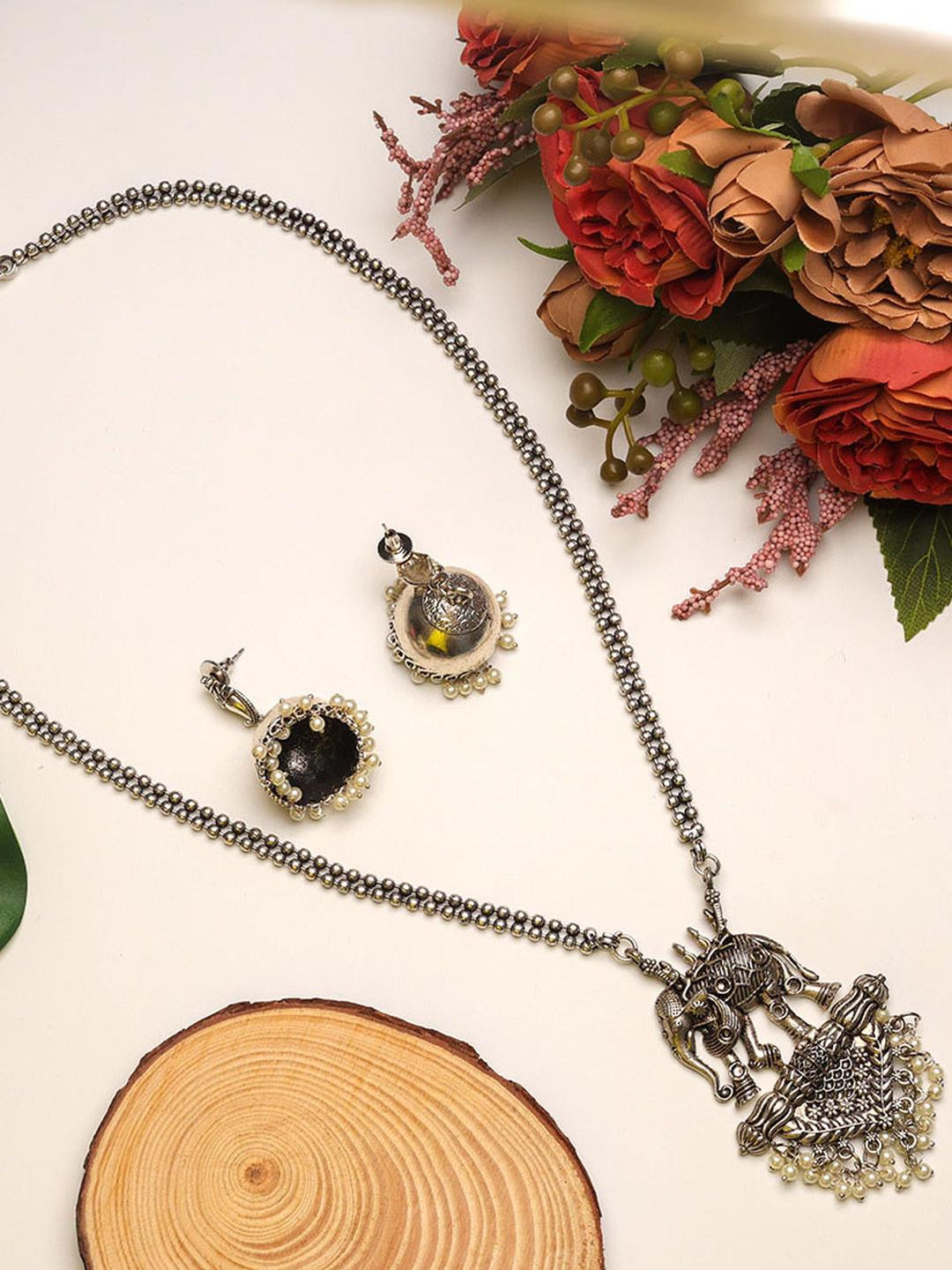 VEDAJ Women Silver Oxidised Silver-Plated Artificial Beads Elephant Long Chain & Earrings