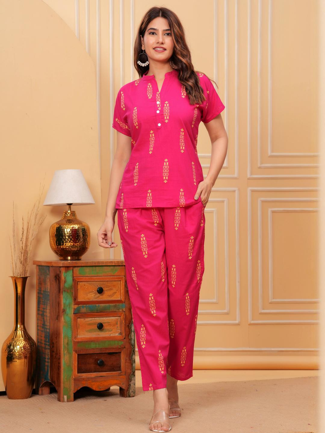 CORSICA Printed Mandarin Collar Pure Cotton Top With Trousers