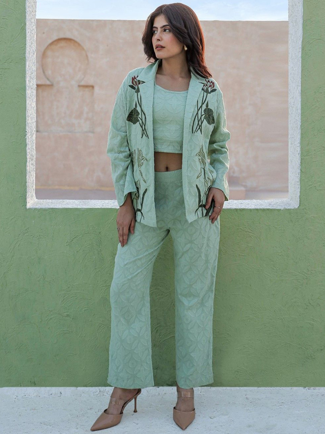 AUTUMN LANE Self Design Round Neck Pure Cotton Top & Trousers With Shrug