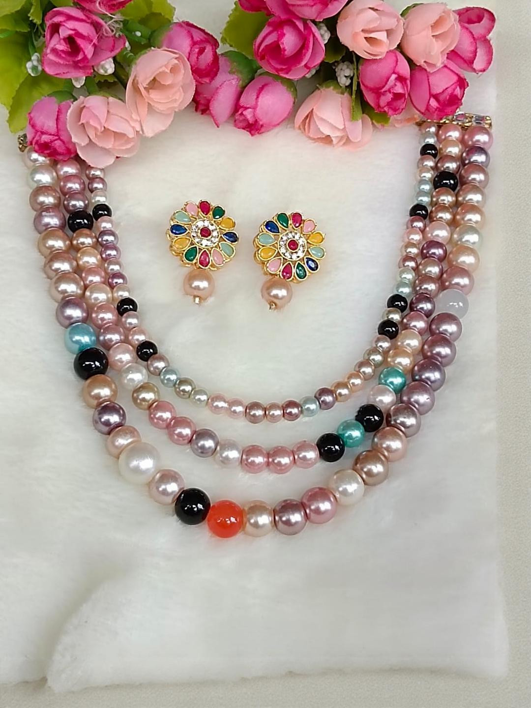 DENICRAAS Women Beaded 3 Layer Necklace & Stud Earrings Jewellery Set