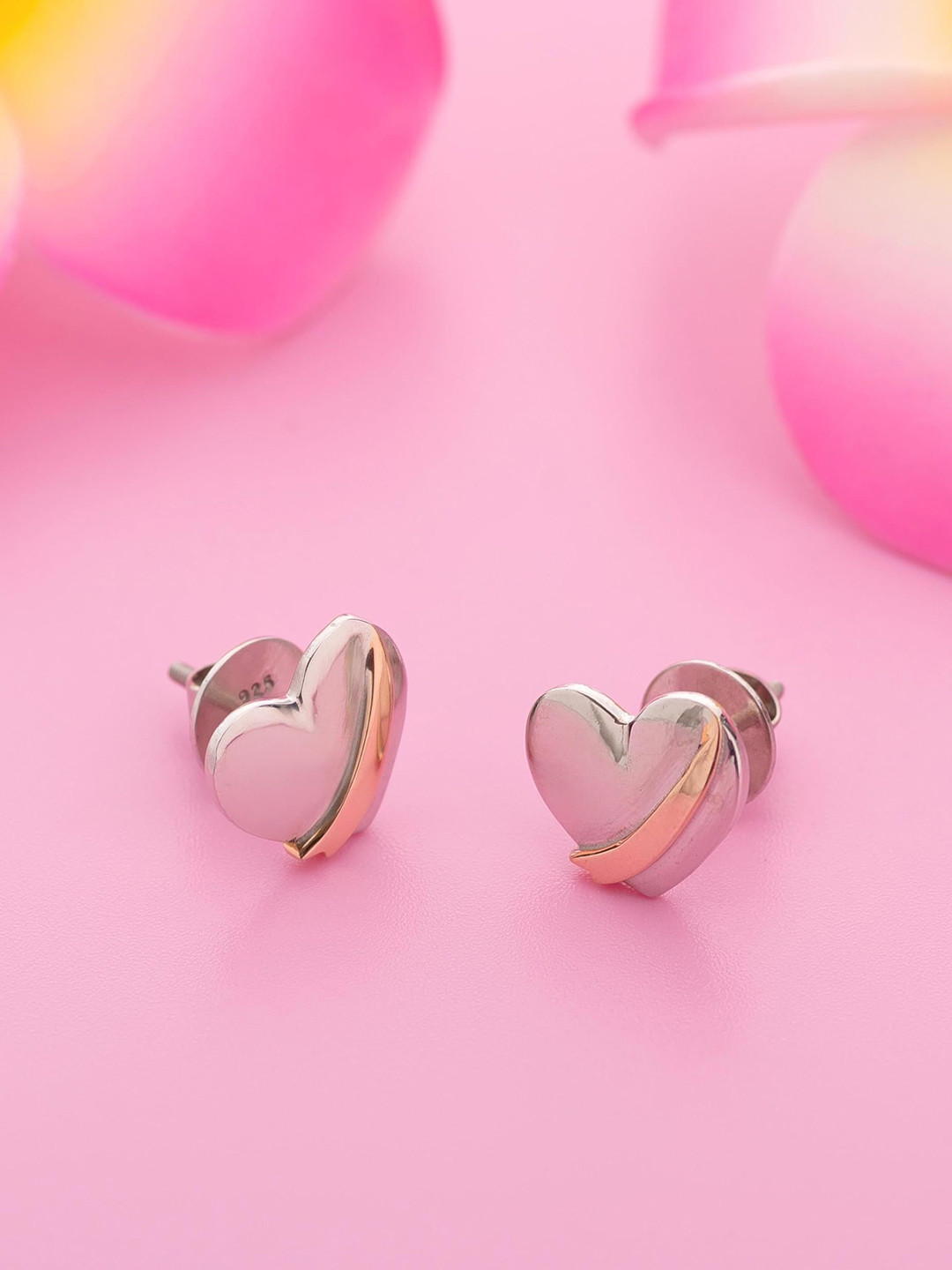 AMONROO 925 Sterling Silver Rhodium-Plated Two-Tone Heart Shaped Studs Earrings