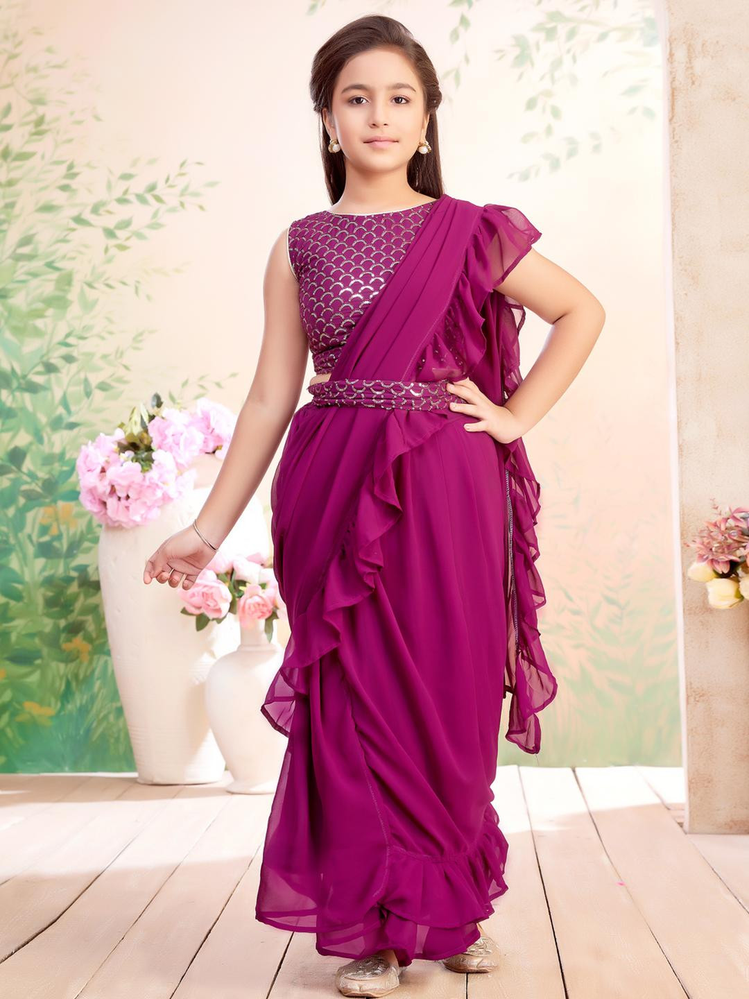 Sangria Girls Embellished Ready to Wear Lehenga Saree With Attachable Dupatta