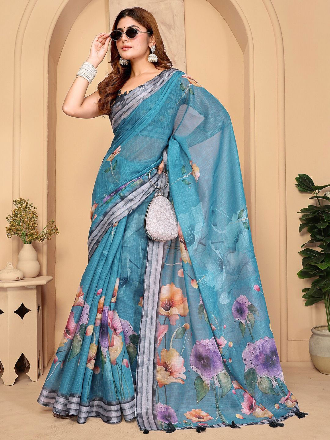 MORDEN MUSE Printed Cotton Linen Saree With Blouse Piece