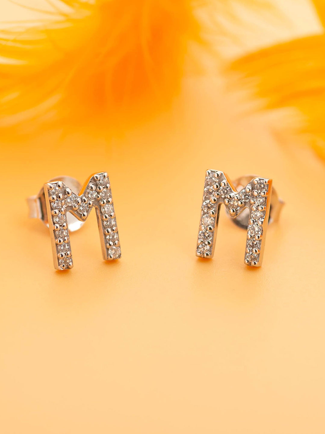 AMONROO 925 Sterling Silver Rhodium-Plated Cubic Zirconia M Initial Studs Earrings
