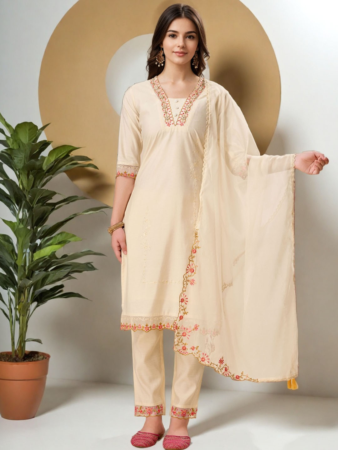 SZN Yoke or Border Embroidered Straight Beads & Stones Kurta With Trousers & Dupatta