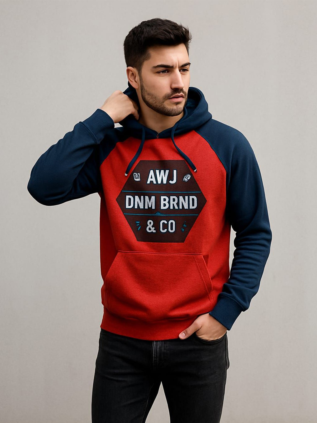 Austin wood Men Colourblocked Printed Long Sleeve Hooded Pullover Sweatshirt
