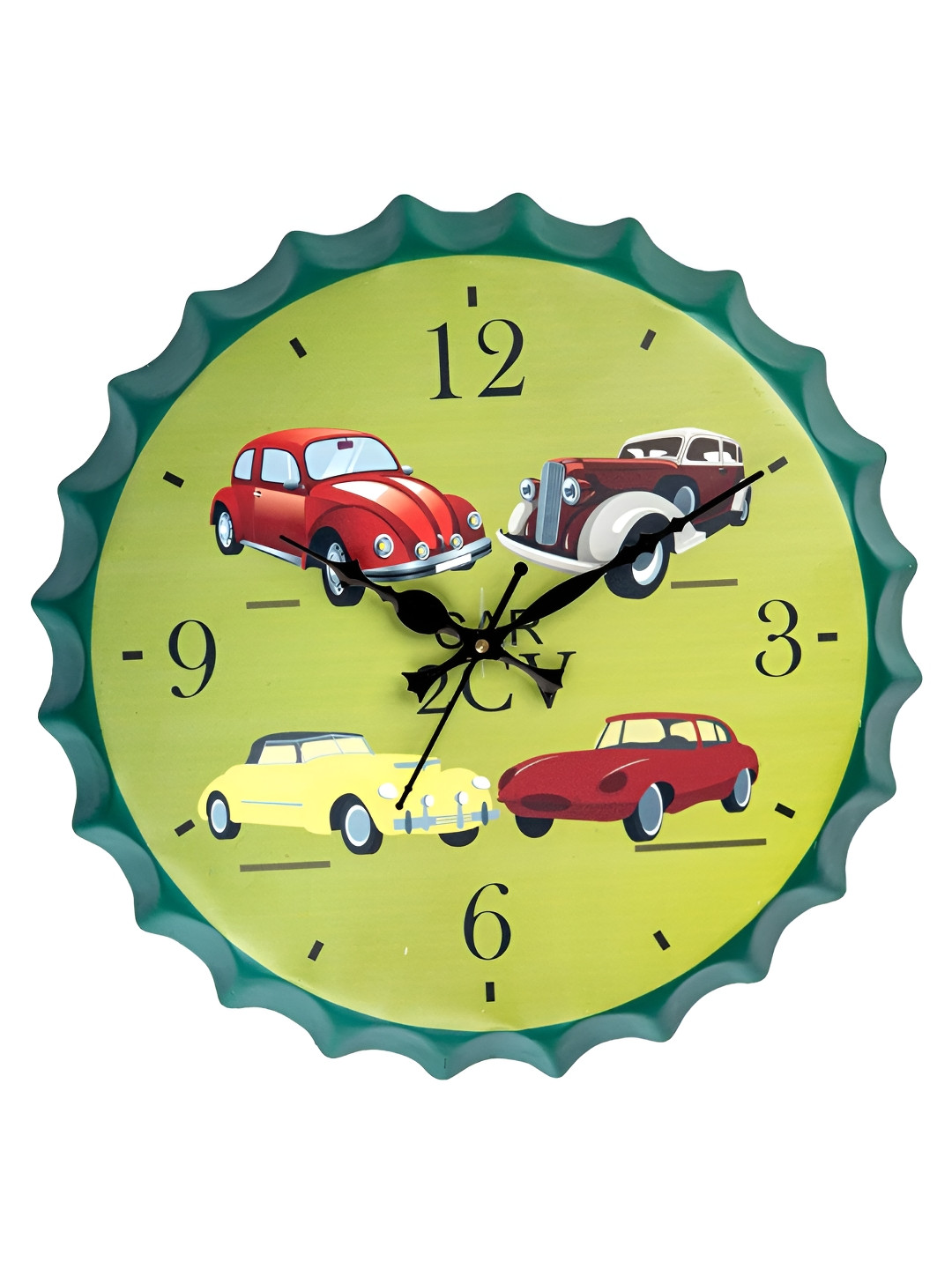 eazy wagon Green & Red Printed Cars Bottle Cap Metal Round Shaped Wall Clock