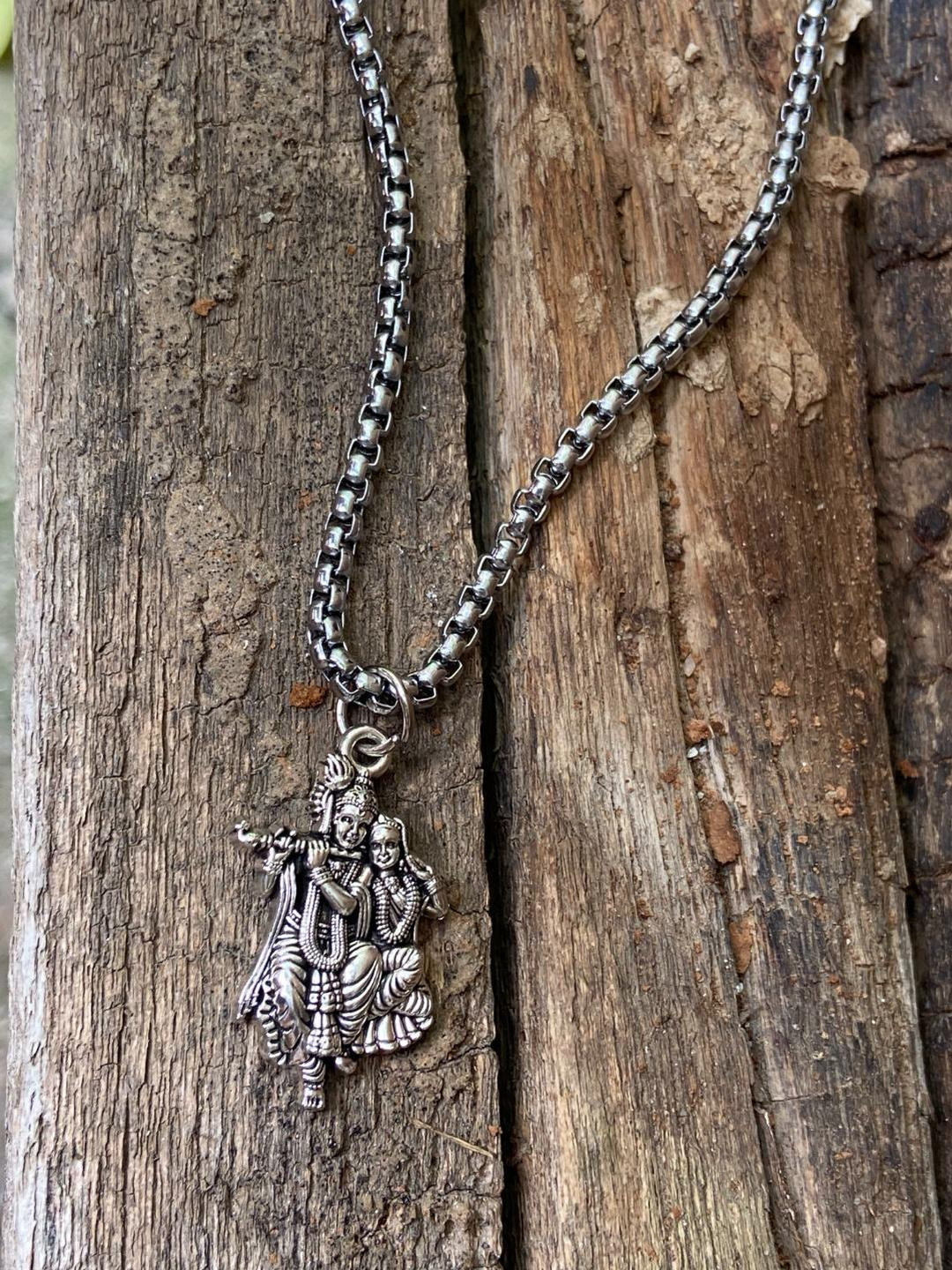 Psight Silver Plated Krishna Radha Pendant with Box Chain