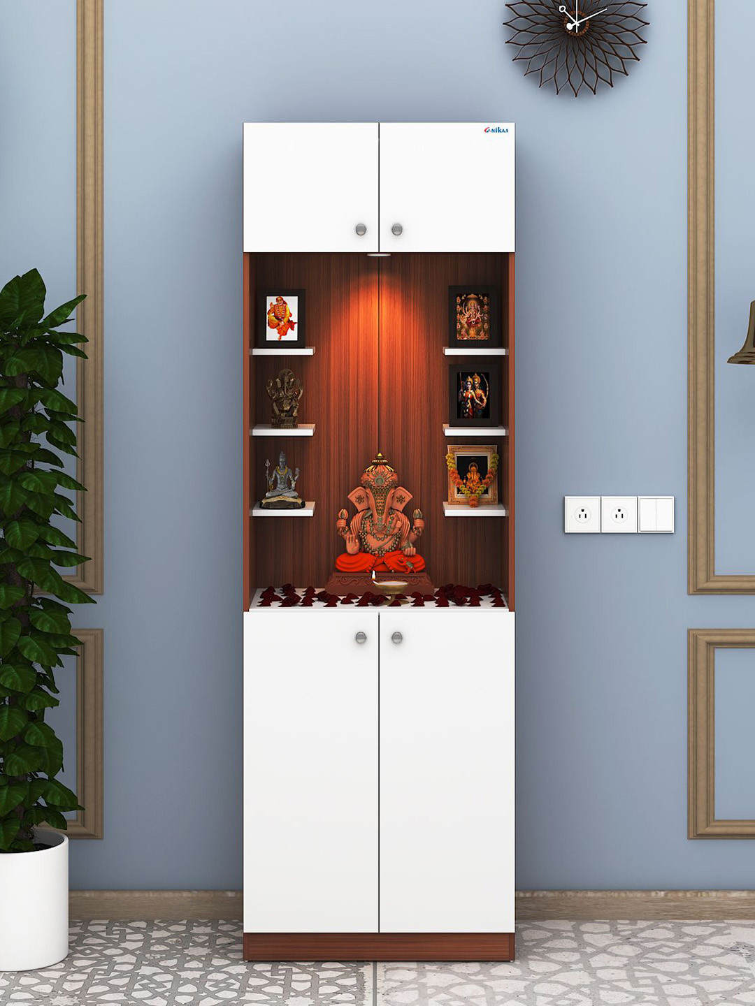 ANIKAA Brown & White 4 Doors Floor Standing Wooden Home Temple