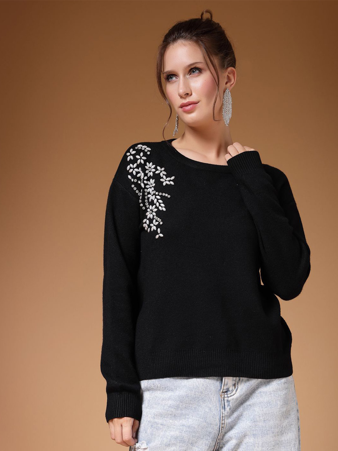 Mafadeny Women's Stylish Knit Sweater with Floral Design