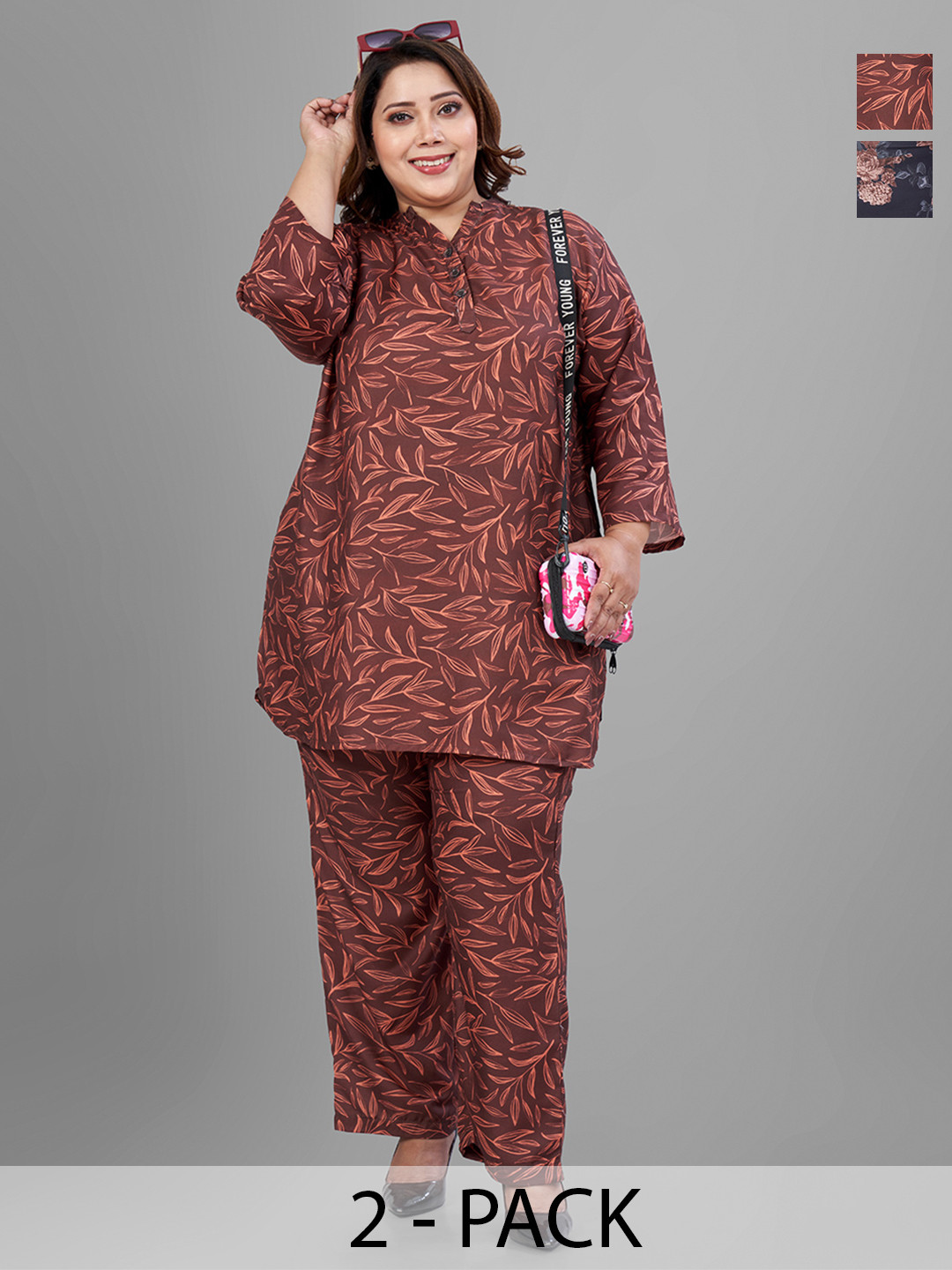 TITTLI Plus Size Pack Of 2 Floral Printed Mandarin Collar Tunic With Trousers