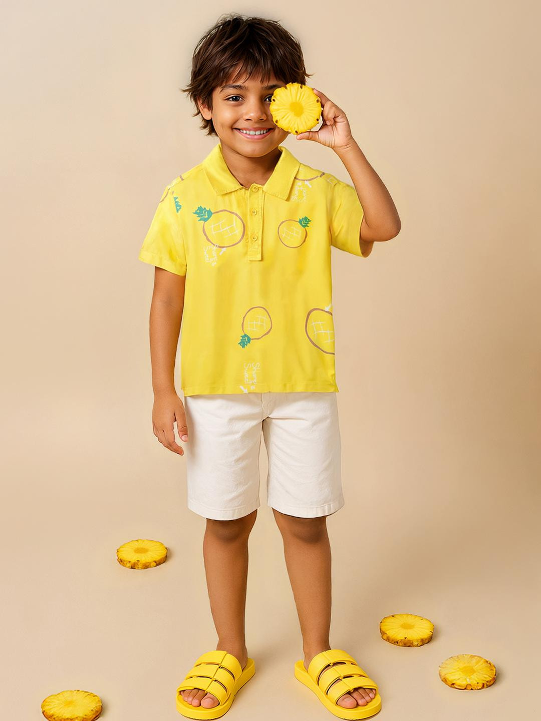 TALES & STORIES Boys Yellow Viscose Rayon Printed Casual Shirts