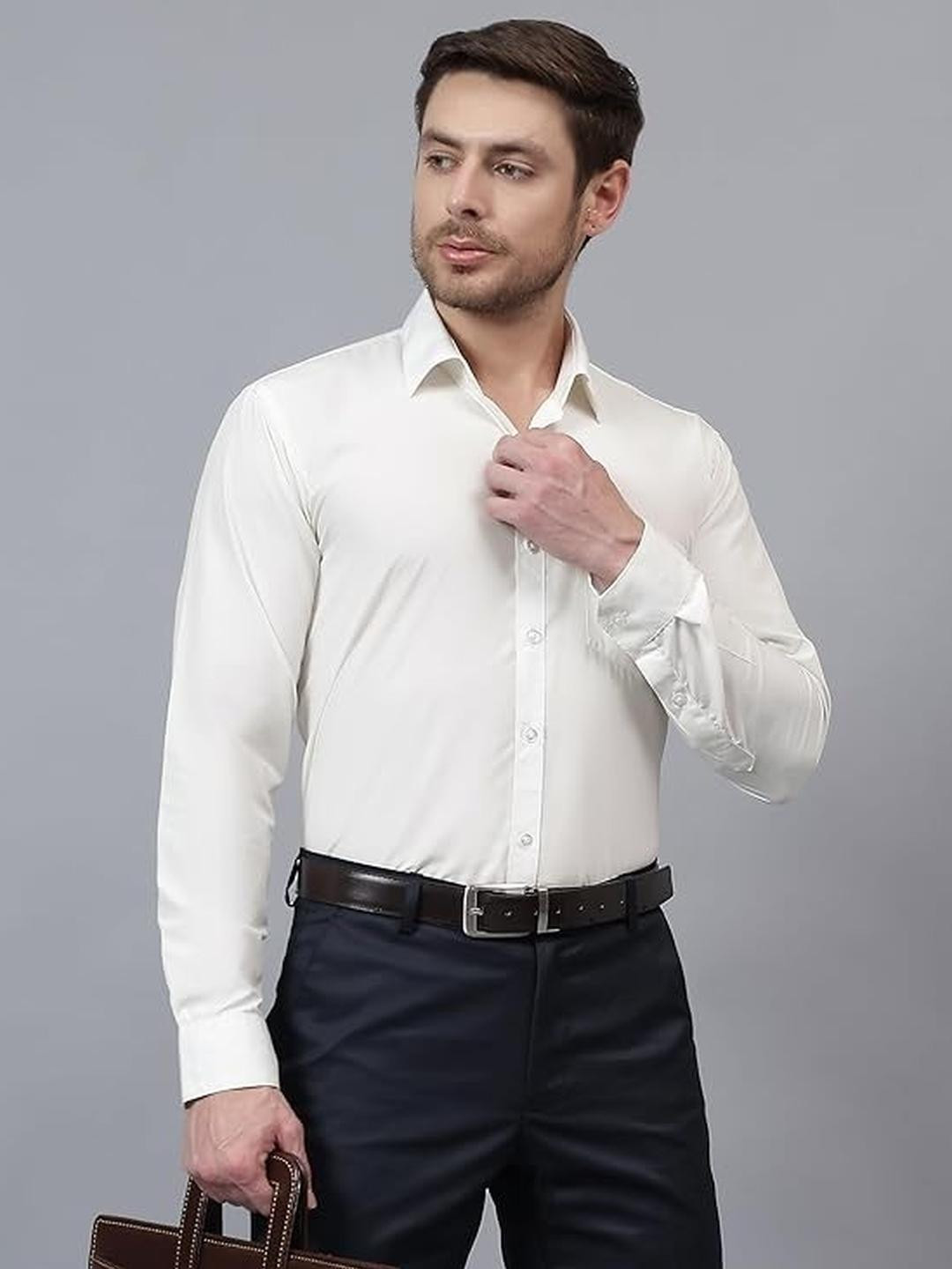 ISUEL FAB Men White Cotton Striped Formal Shirts