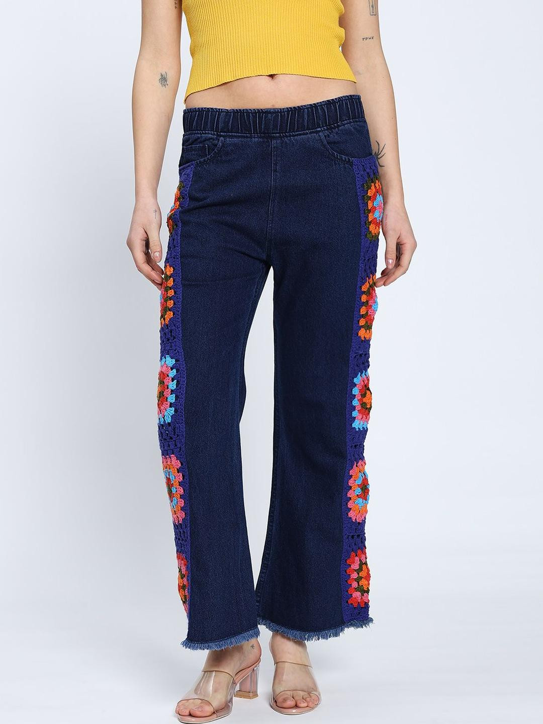 Sugercandy Women Embroidered Relaxed Fit Mid-Rise Boho Square Jeans