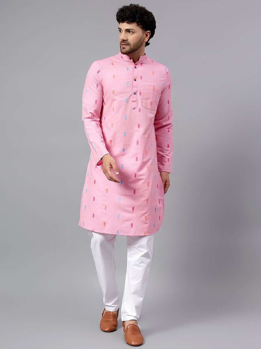Latest Chikan Garments Men Geometric Printed Festive Cotton Straight Kurta