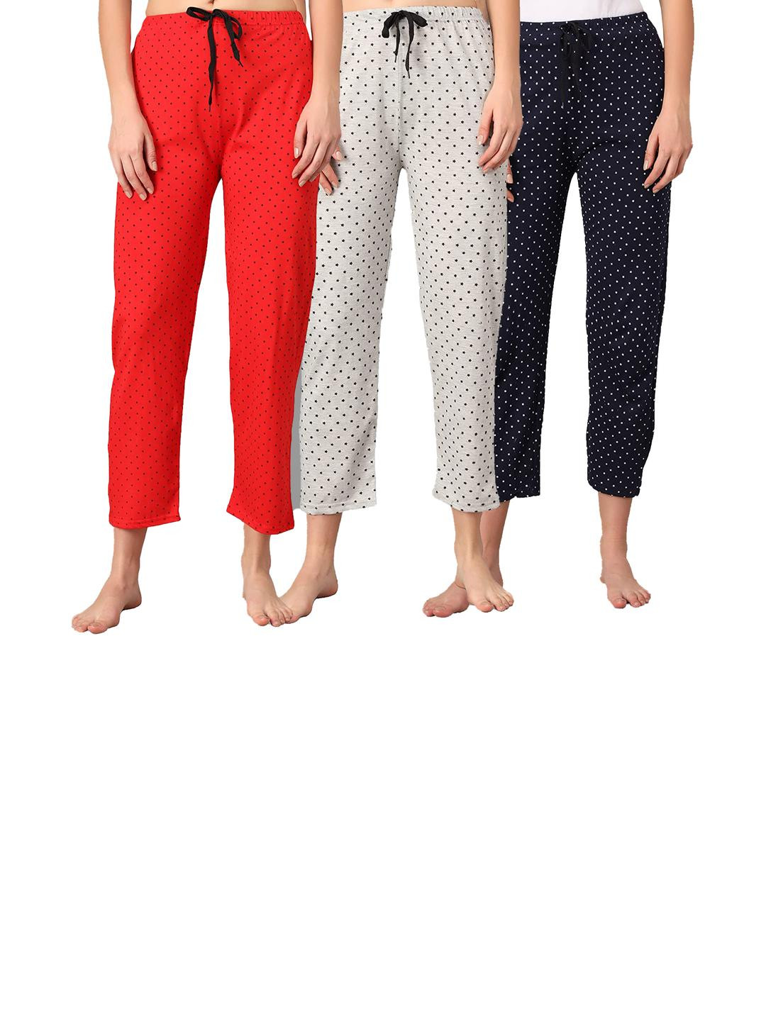 FIT N FAME Women Set Of 3 Red & Grey& Navy Blue Polka Dots Printed Cotton Pajamas