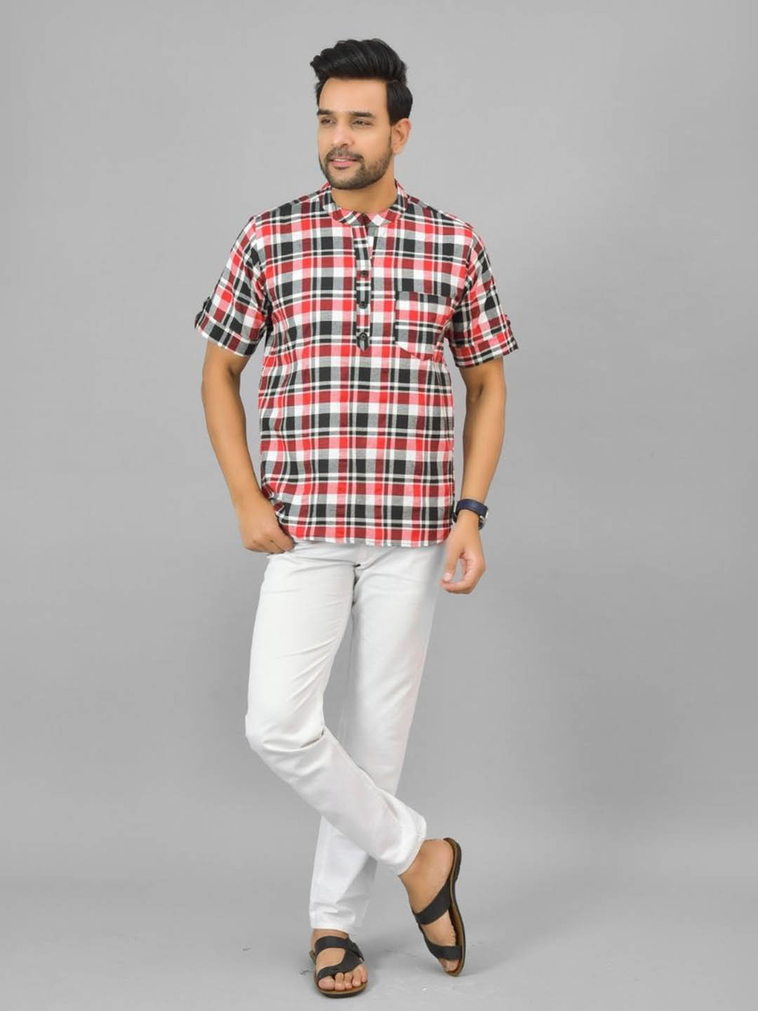 Anouk Rustic Men Checked Pure Cotton Mandarin Collar Neck Kurtis