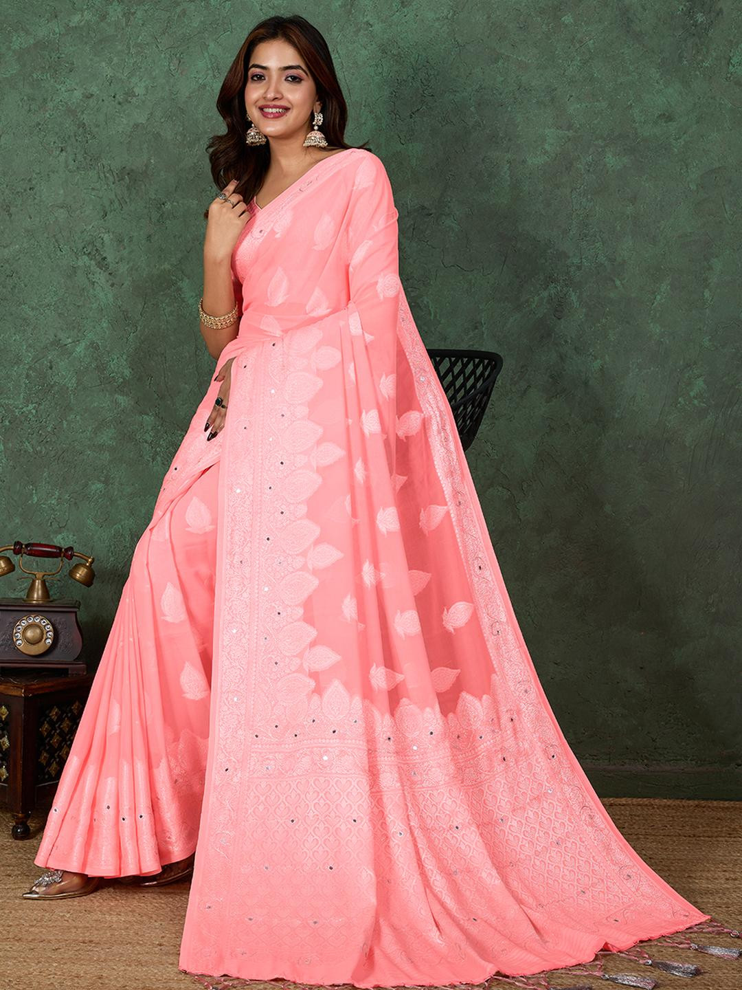 TASRIKA Women Pink Ethnic Motifs Aari Work Pure Georgette Saree