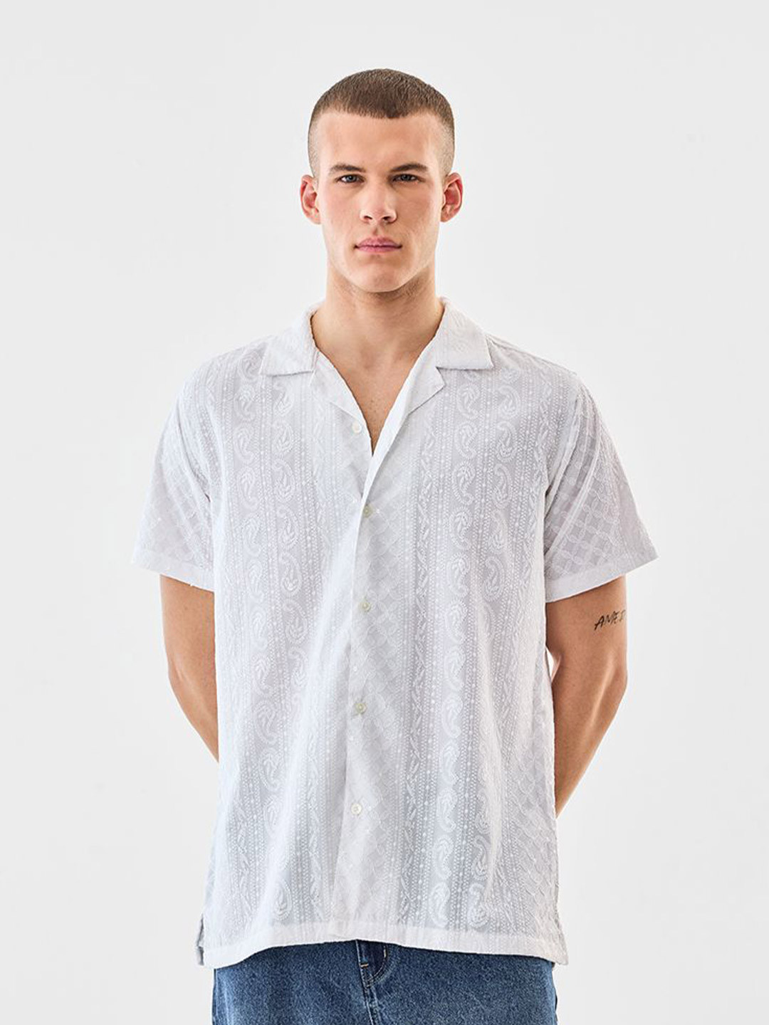 Snitch Paisley Embroidered Cuban Collar Relaxed Fit Casual Shirt