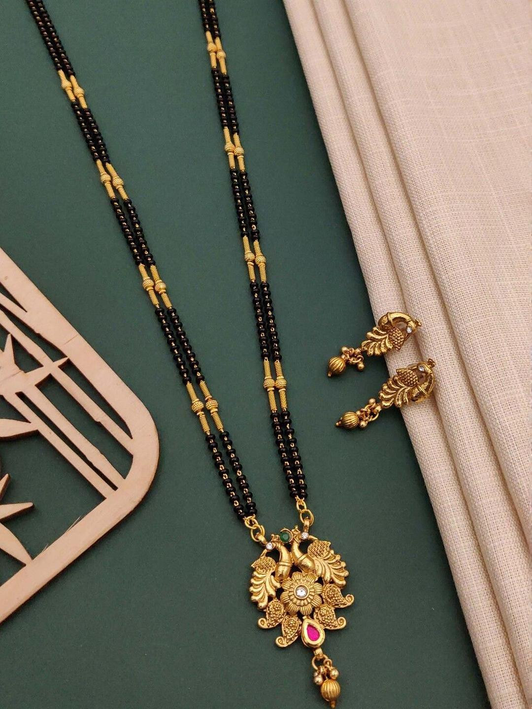SOLIBELLE Gold Plated Artificial Stones Studded & Beaded Mangalsutra With Earrings