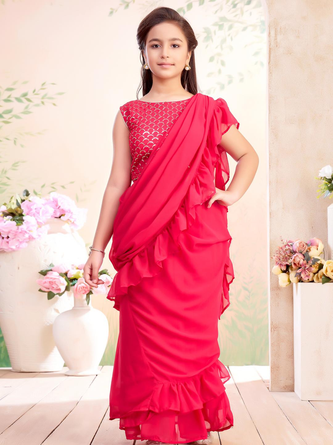 Sangria Girls Sequin Embroidery Georgette Lehenga Saree With Attachable Dupatta