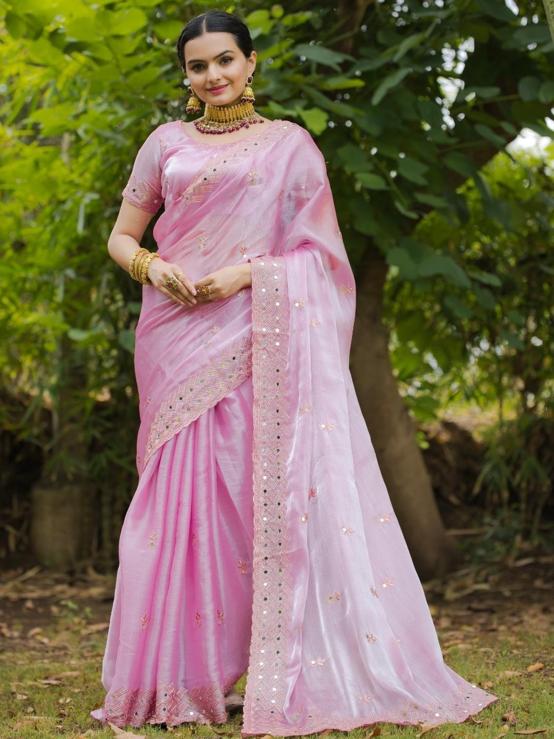Prettyage Women Pink Organza Banarasi Saree