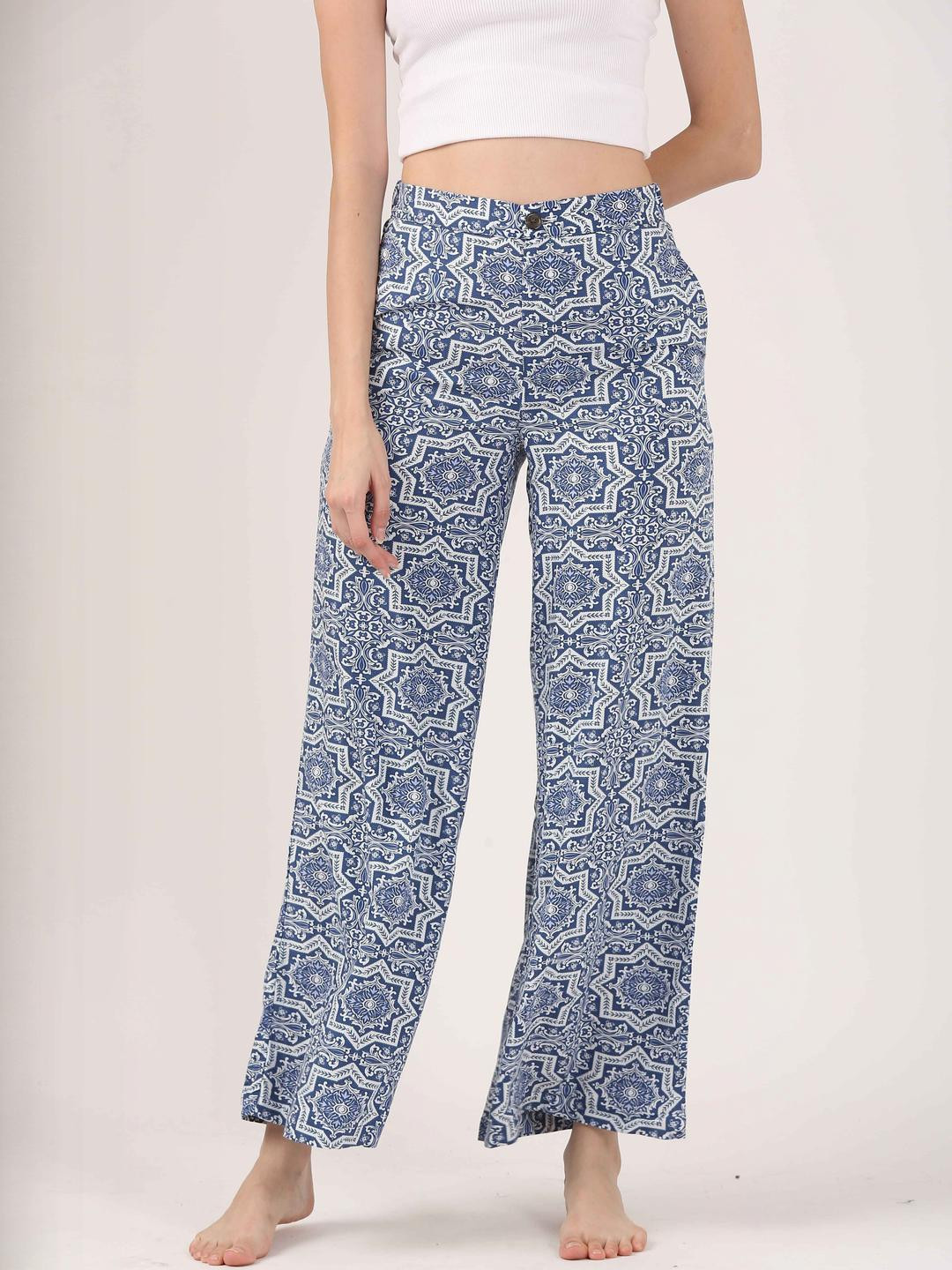 Jolene.club Women Santorini Blue Casual Flare Wide Leg Trousers