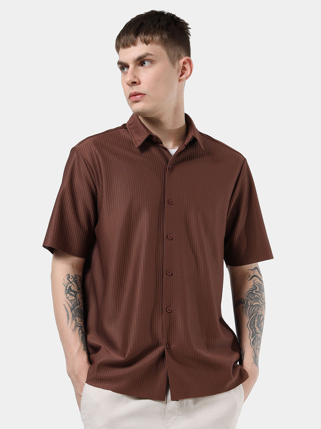 StitchX Men's Half Sleeve Textured Knit Shirt Bronze