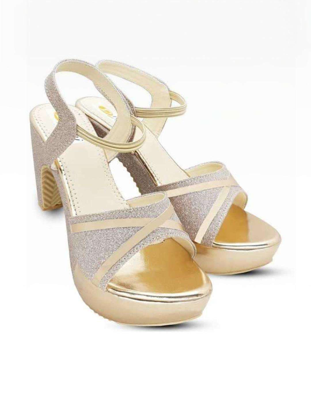 Digni Women Gold & Silver Embellished Open Toe Back Strap Block Heels With TPR Sole