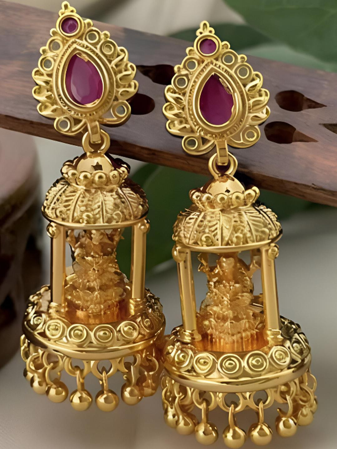 SAT KAIVAL FASHION Gold-Plated Brass Faux Ruby Jhumkas