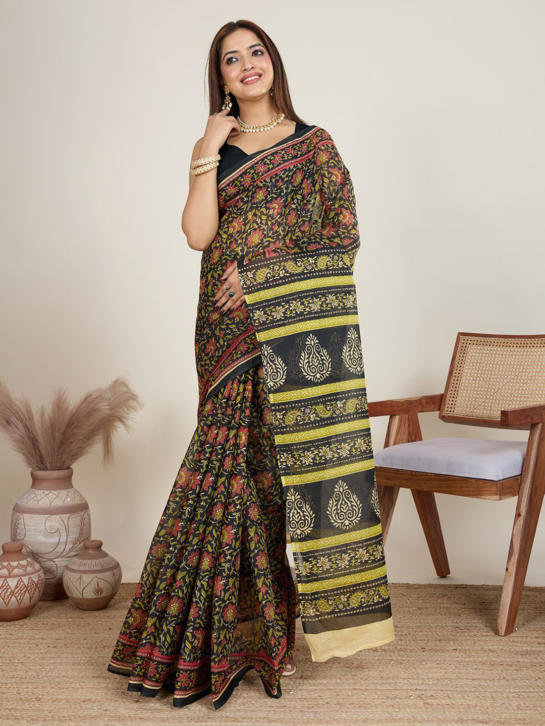 Jevi Prints Kalamkari Printed Pure Cotton Saree Without Blouse Piece