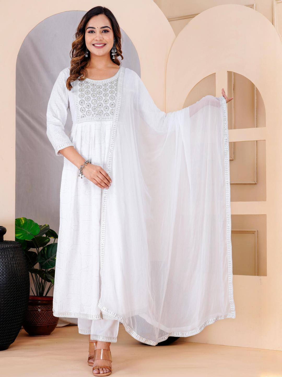Angkor Women White Viscose Rayon With Dupatta