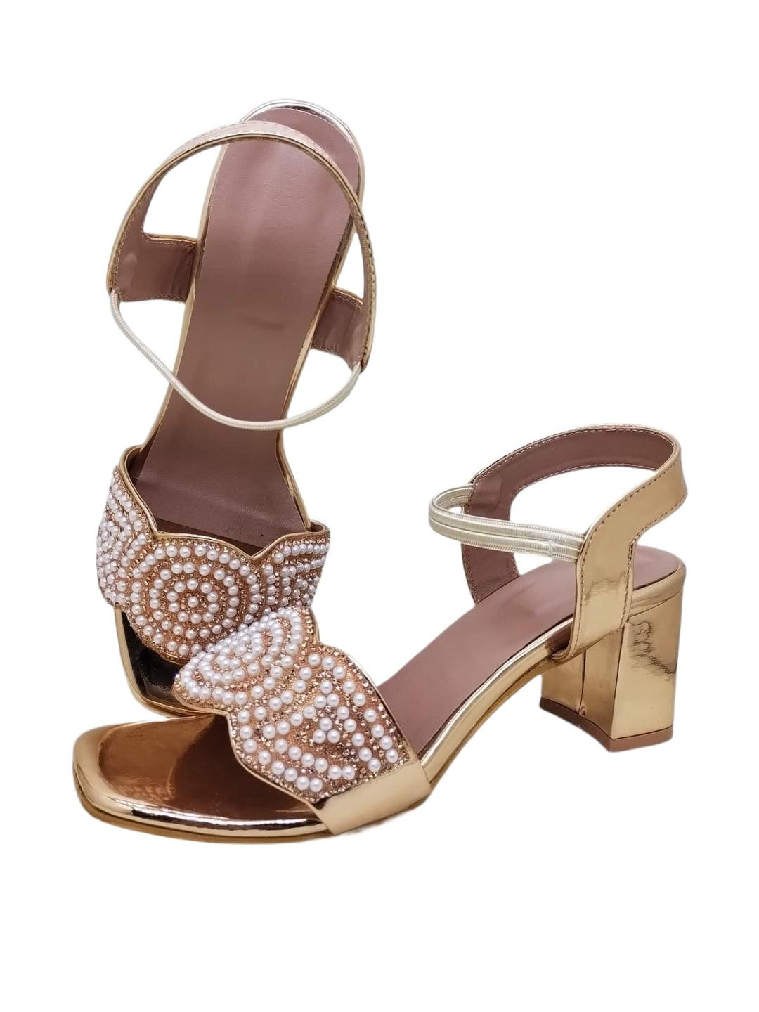 Digni Women Gold Artificial Stones Square Toe Backstrap Party Block Heels