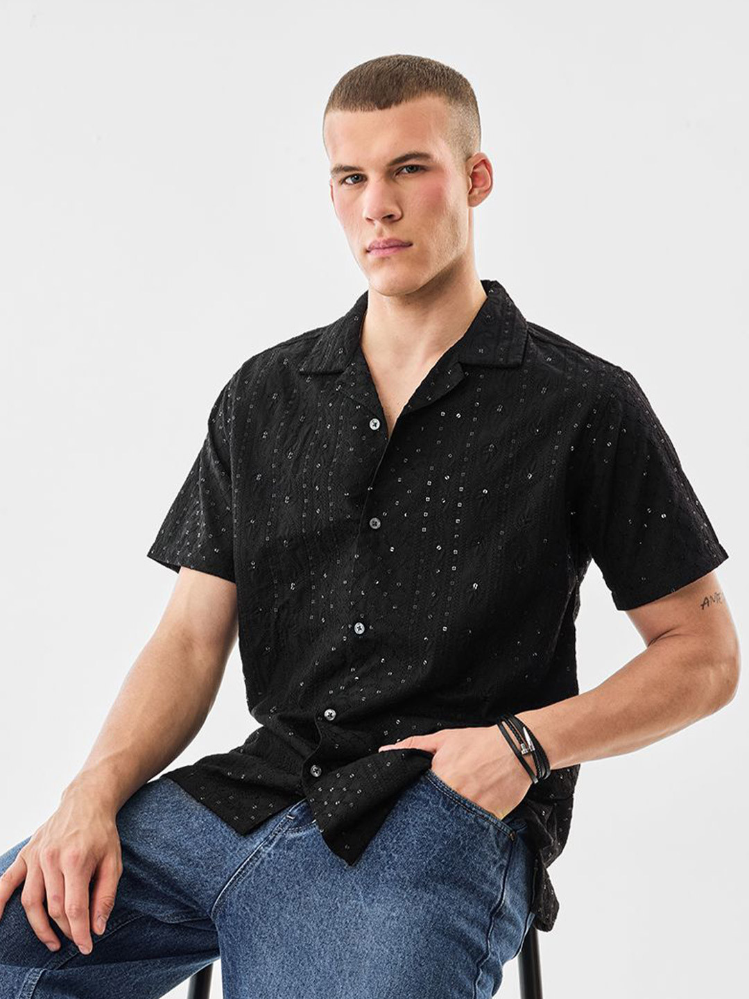Snitch Paisley Embroidered Cuban Collar Relaxed Fit Casual Shirt