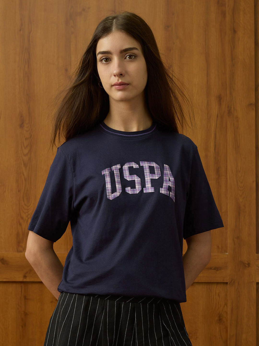 U.S. Polo Assn. Women Typography Printed Pure Cotton T-shirt With Patch Embroidery