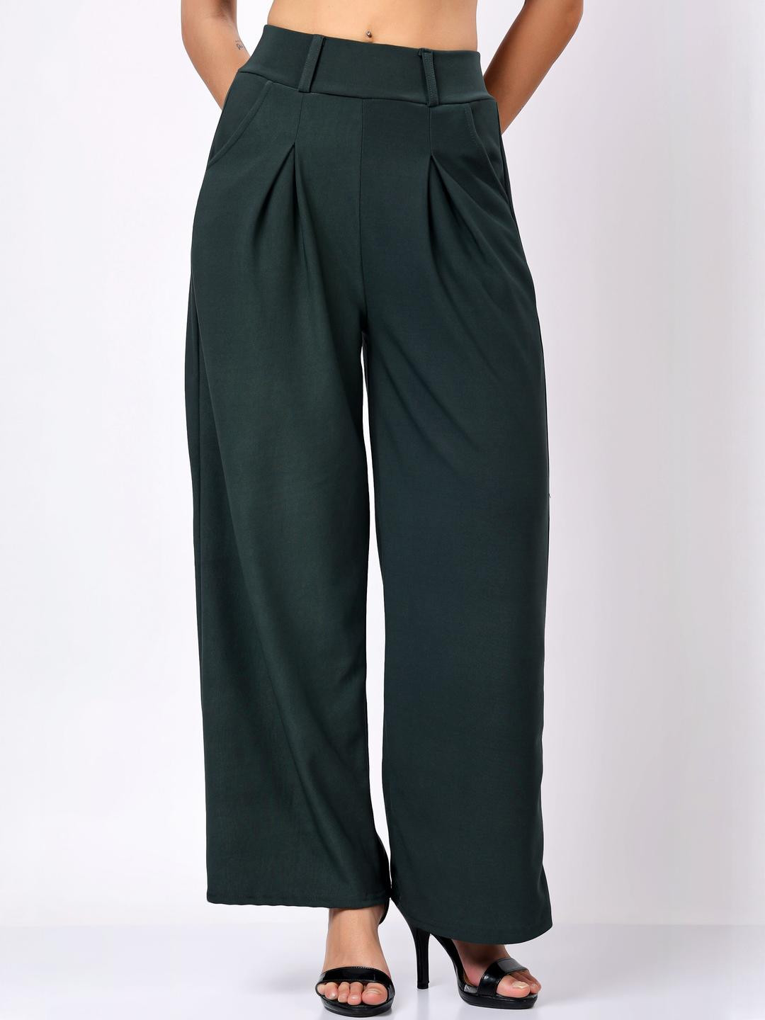 Stem Rope Women Green Cotton Mid-Rise Korean Pants