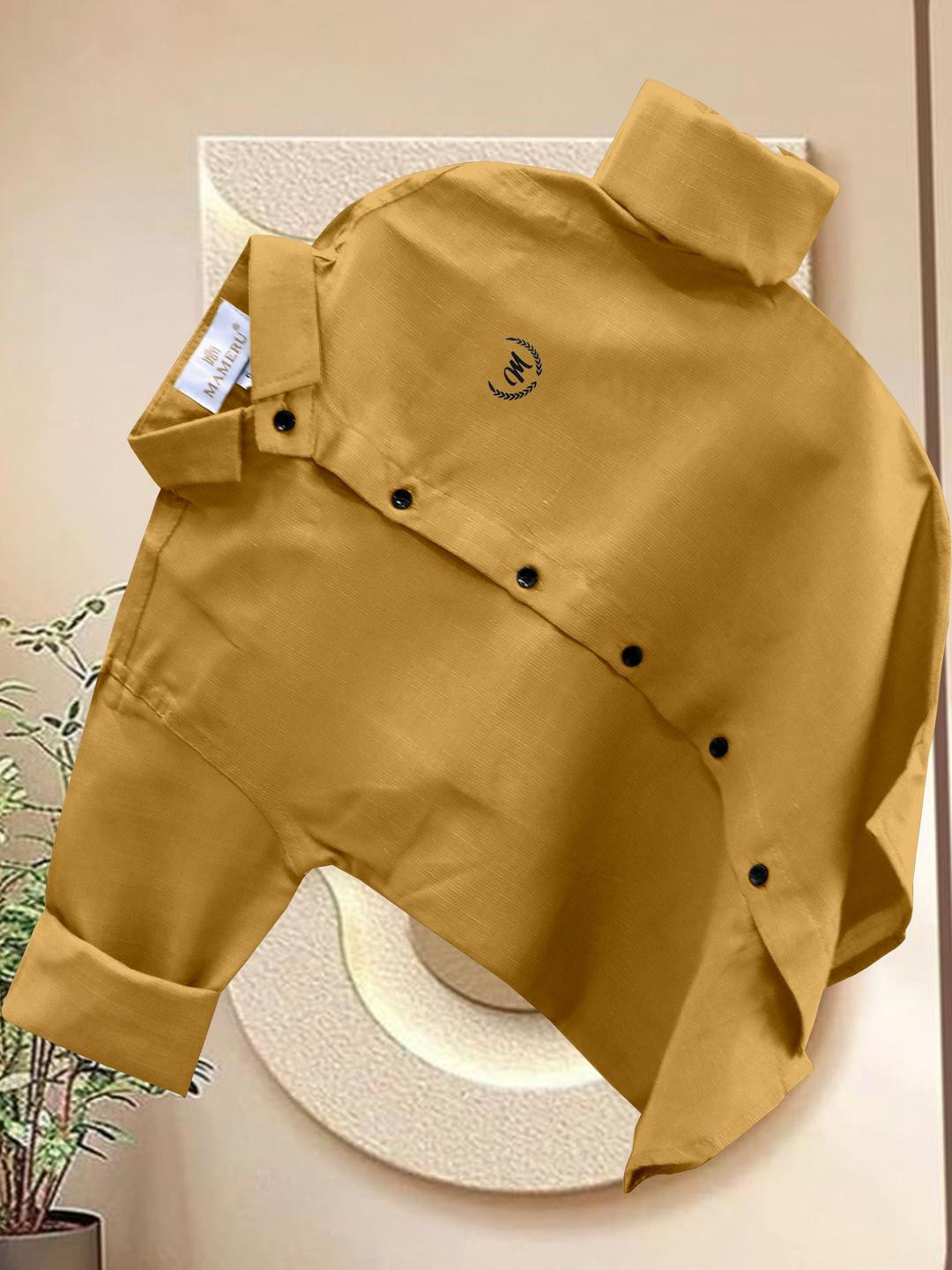 MAMERU Boys Mustard Linen Solid Casual Shirts