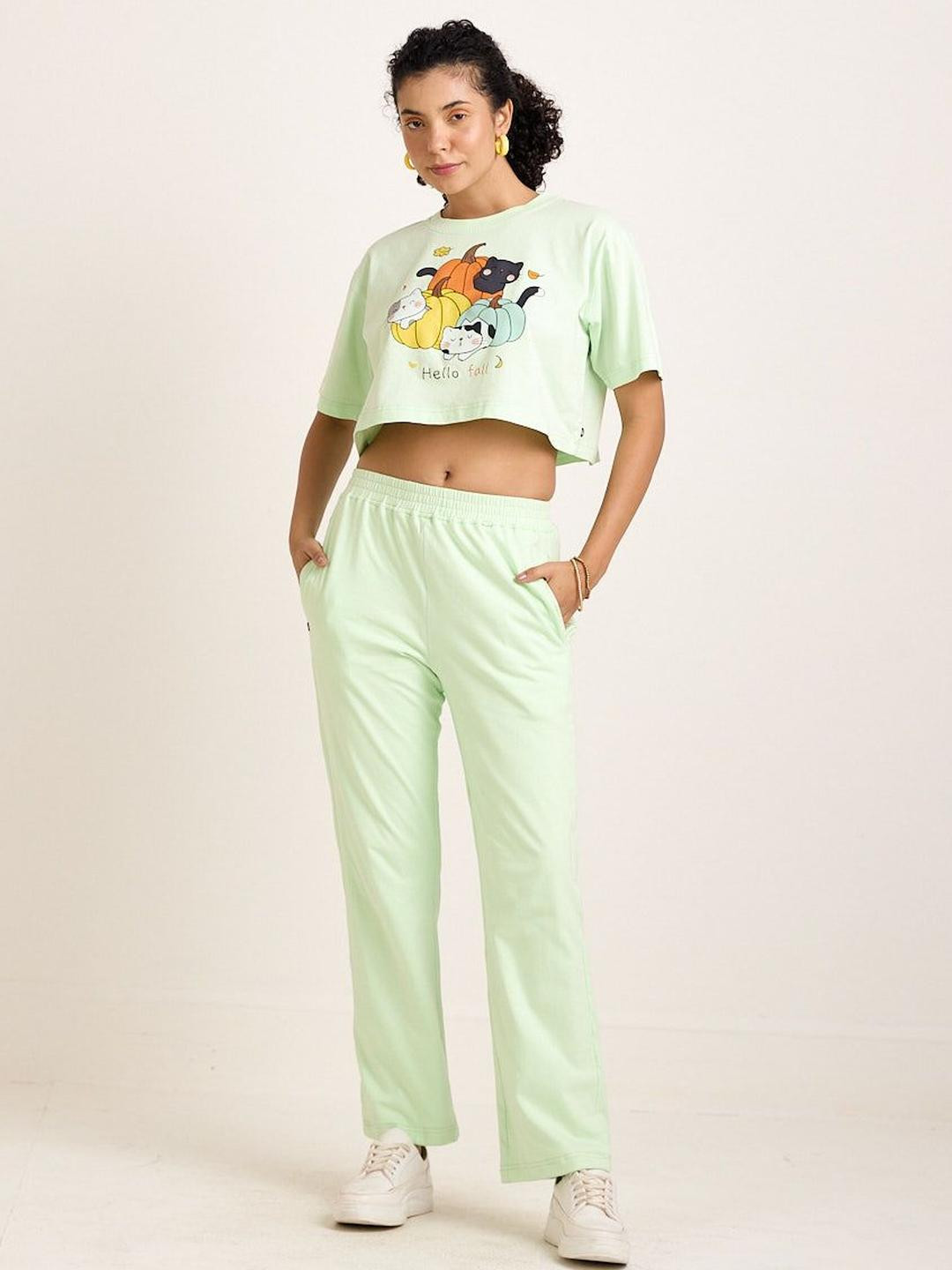 AVOCADO HELLO SPRING Women Printed Round Neck Pure Cotton Crop Top With Trousers Co-Ords