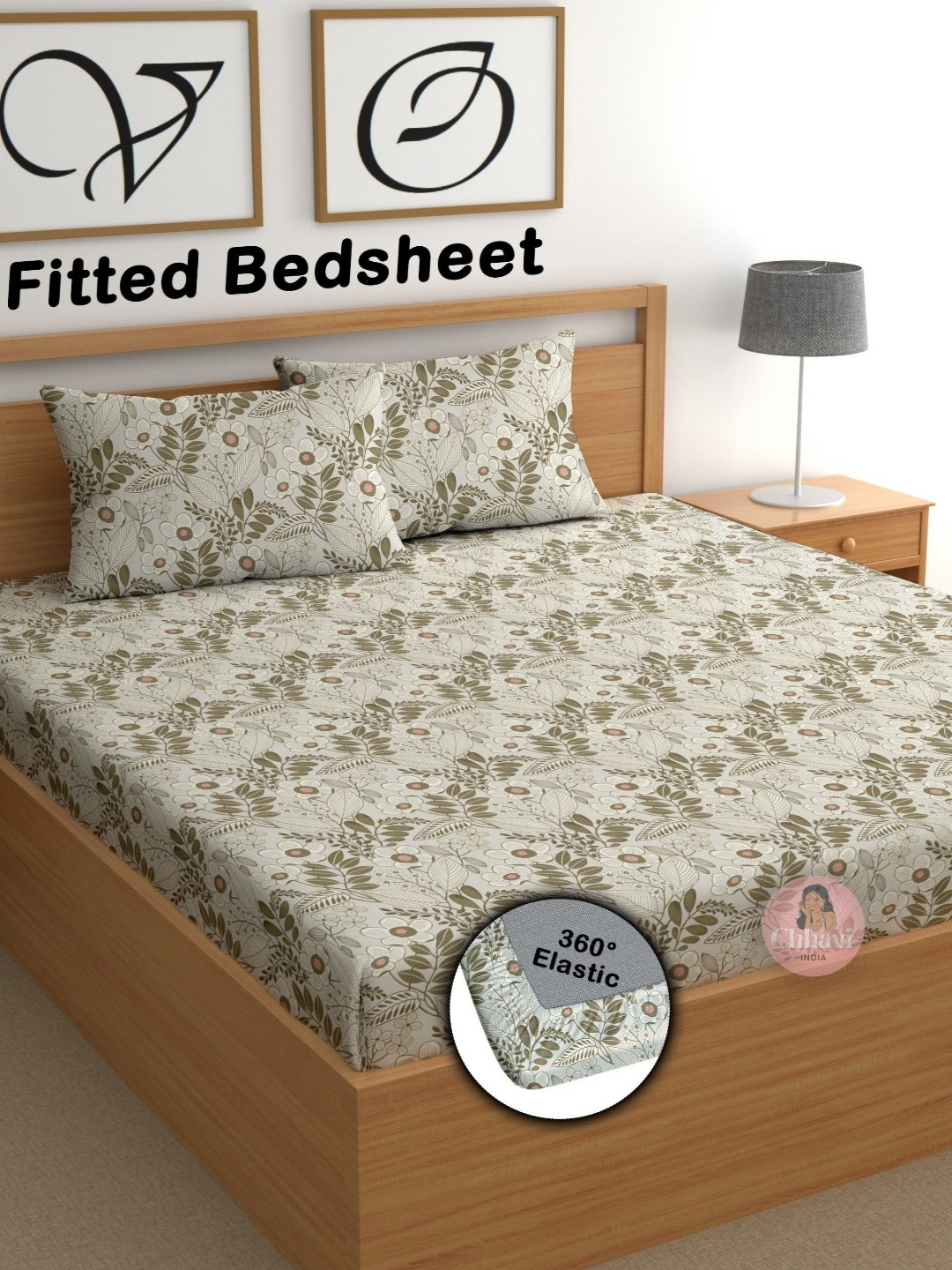 CHHAVI INDIA Beige & Olive Green Printed 210 TC Queen Bedsheet Set 1.98 m X 1.83 m X 2.5 m