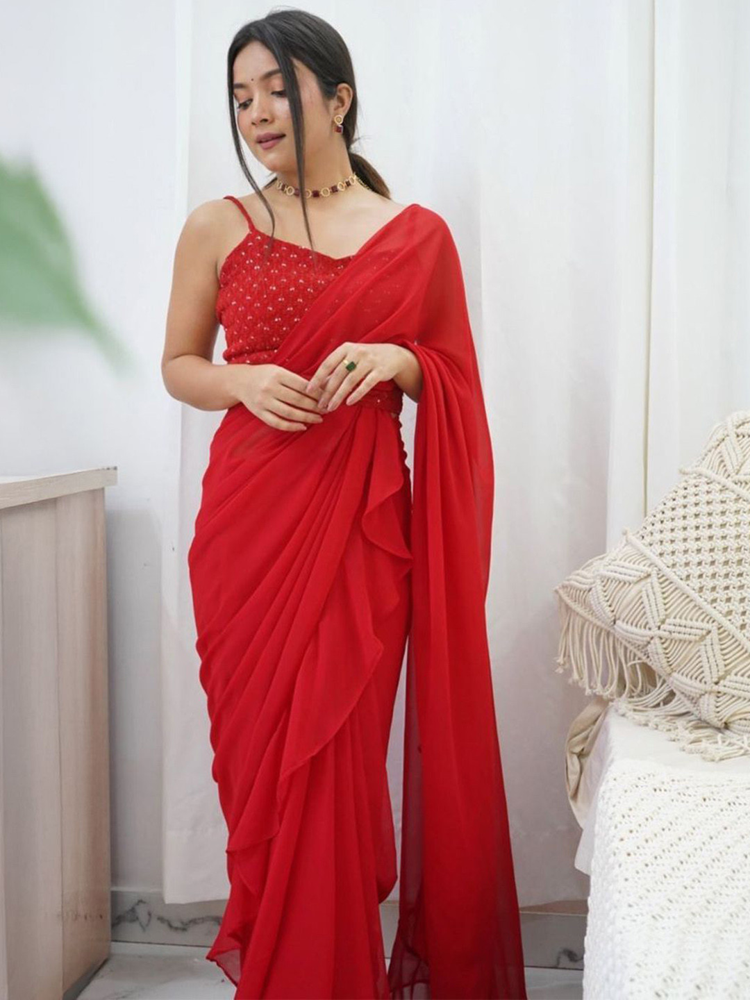 Niyaksha Woman Ruffles Georgette Pre-Stitched Ready To Wear Saree