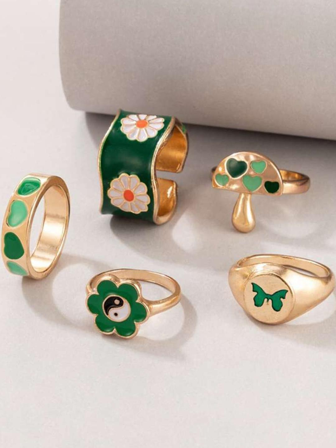 DressBerry 5 Pcs Gold-Plated Green Flower Heart Butterfly Mushroom Ring Set