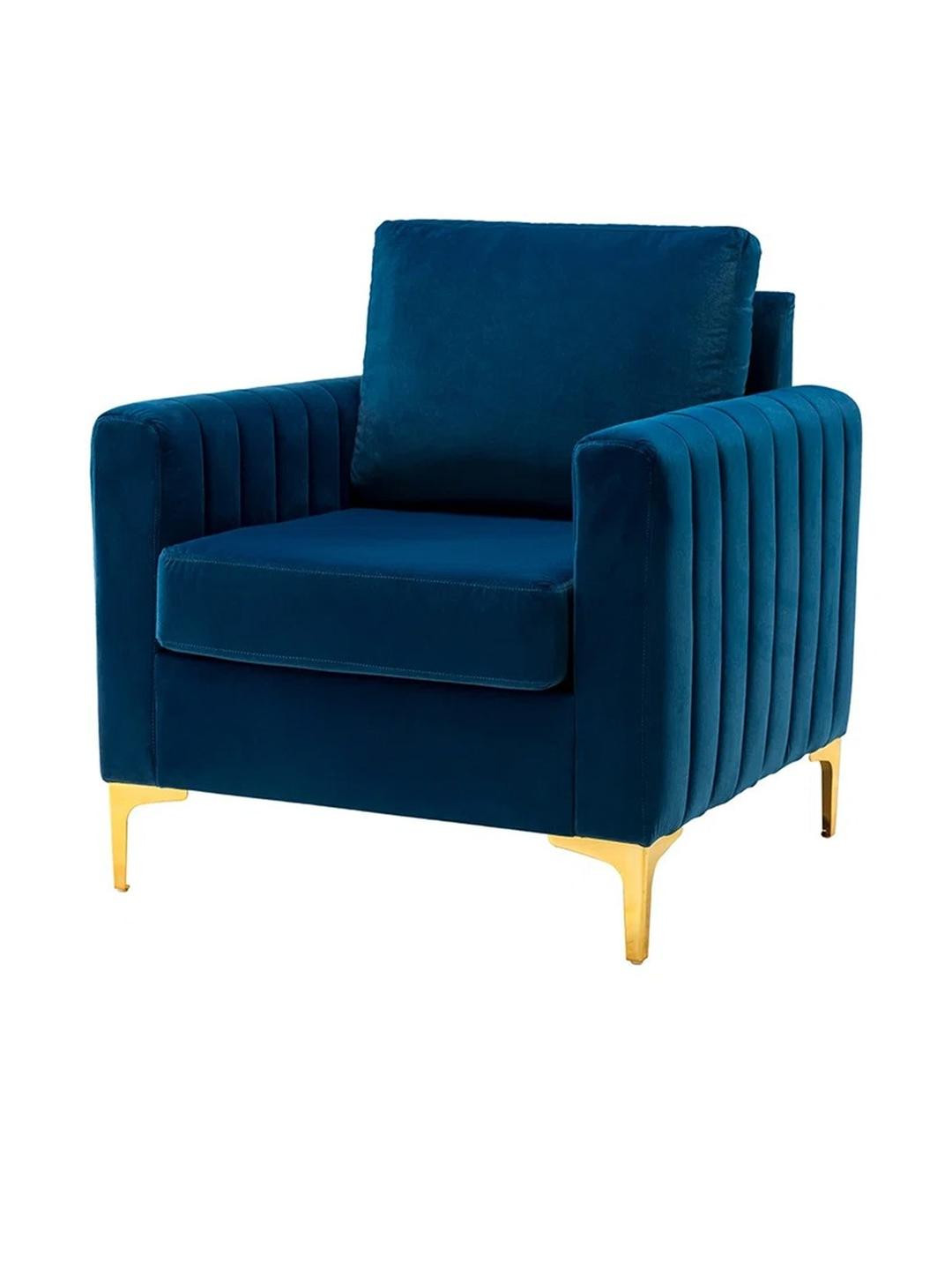 DOE BUCK Blue Solid Velvet Channel Tufted Accent Armchair