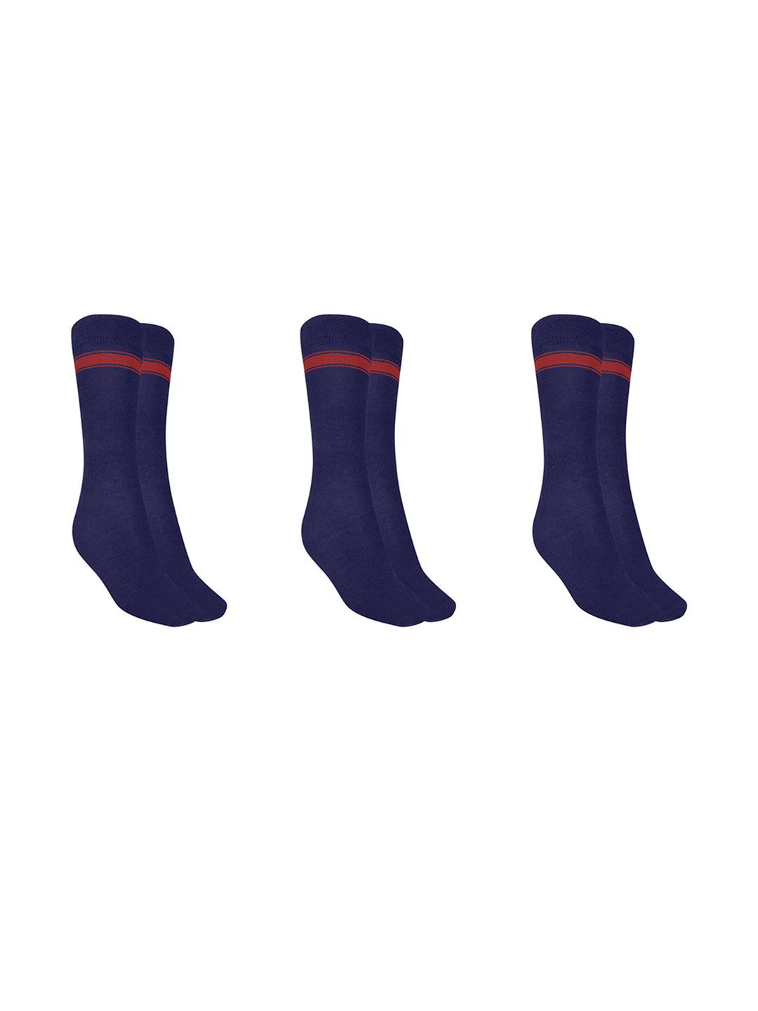 MUKHAKSH Girls Pack Of 3 Navy Blue With Red Stripes Calf Length Cotton long socks