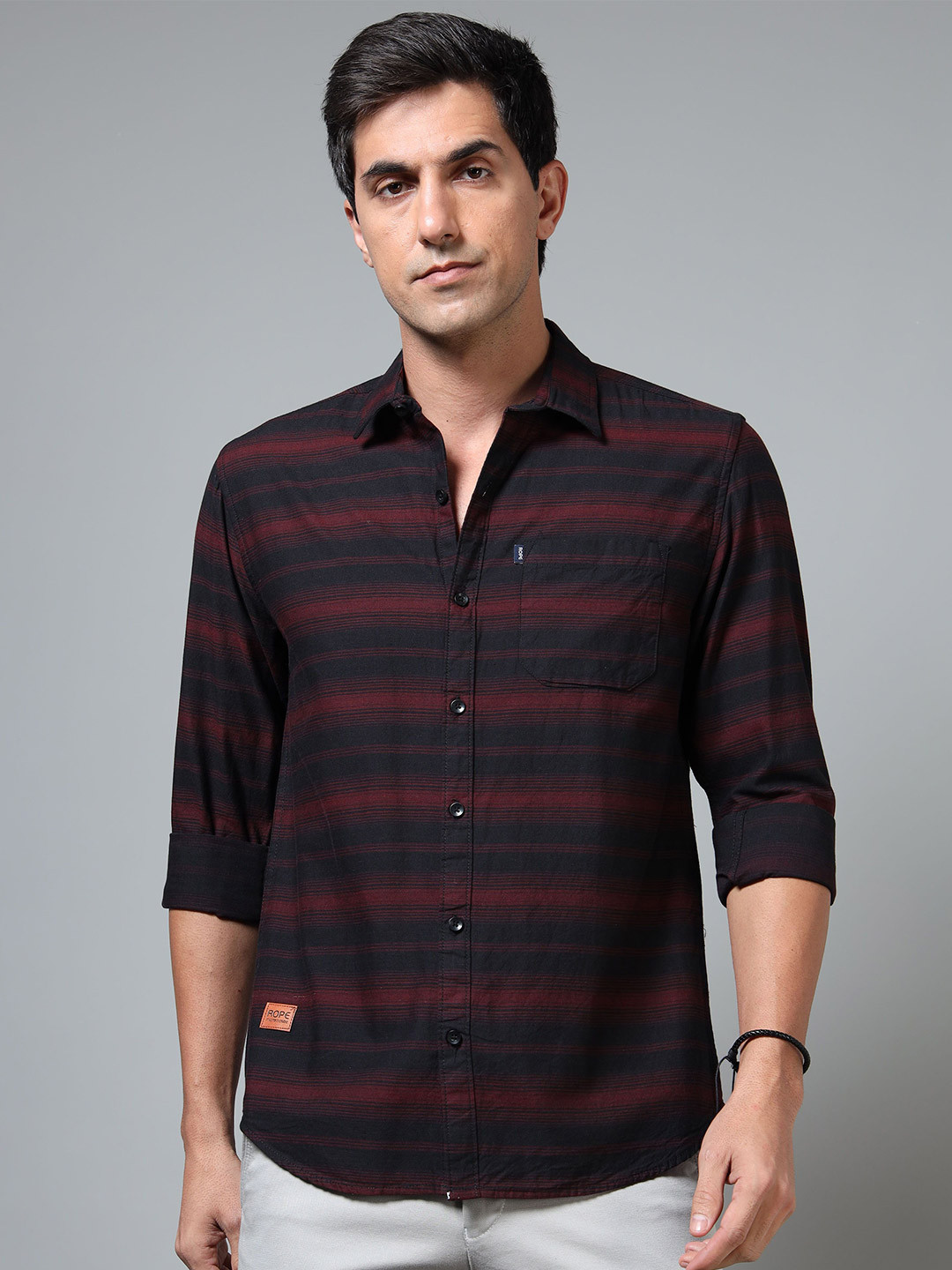 Rope Standard Slim Fit Striped Spread Collar Pure Cotton Shirt