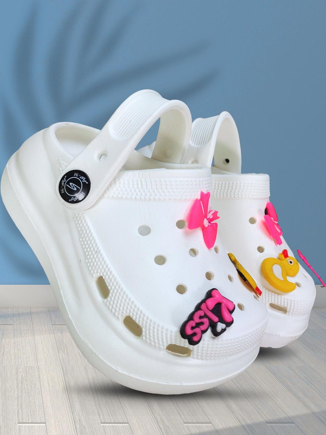 FootStation Cream Girls Clogs With Colorful Charms