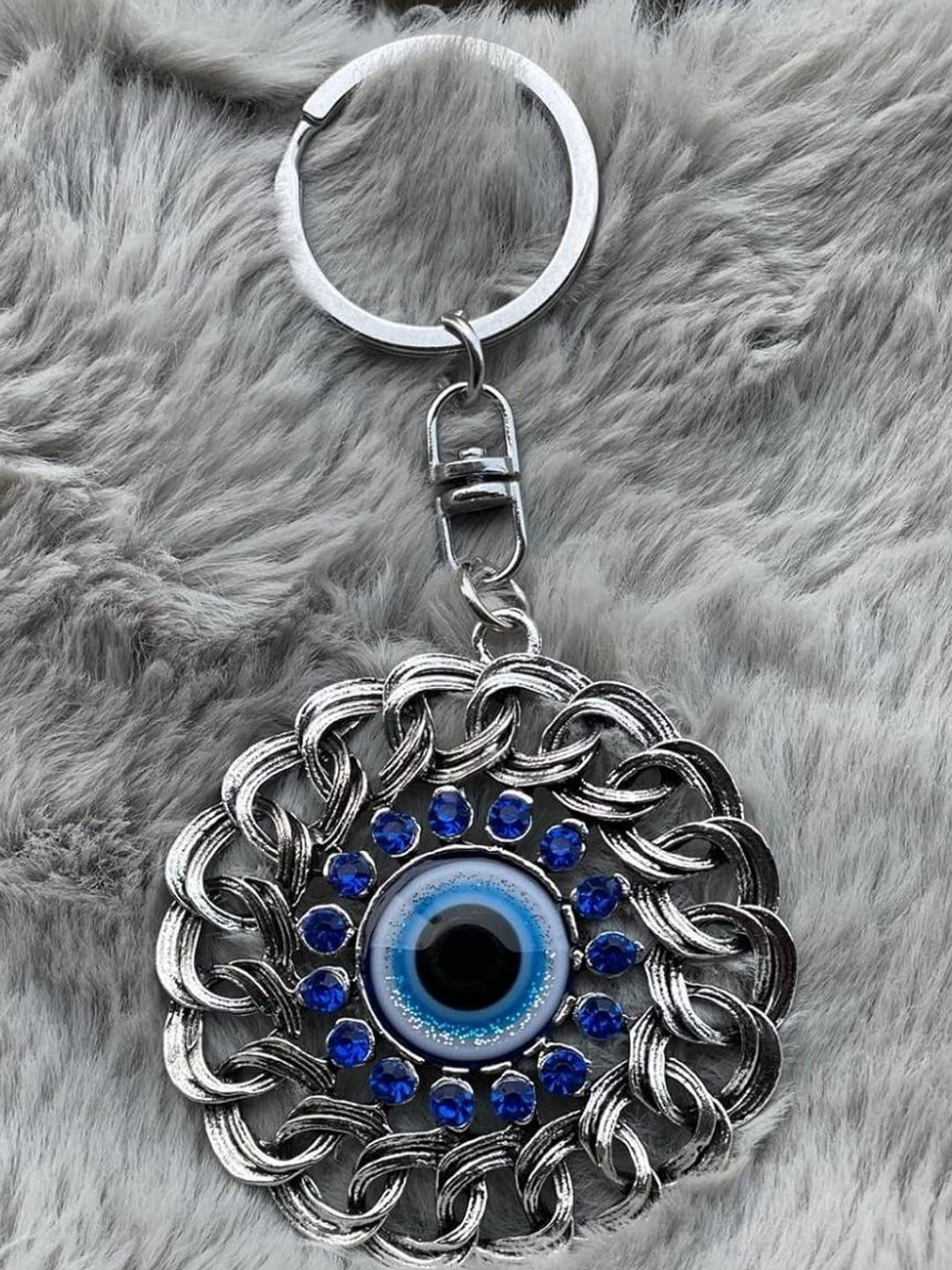 BLUE BEADS Pack Of 2 Blue and Silver Color Round Evil Eye Keychain