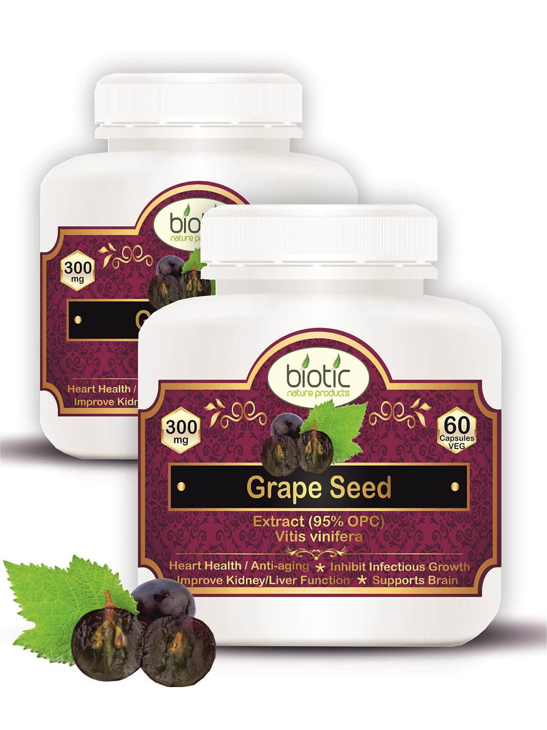 Biotic Set Of 2 Natural Grape Seed Extract - 60 Capsules Each