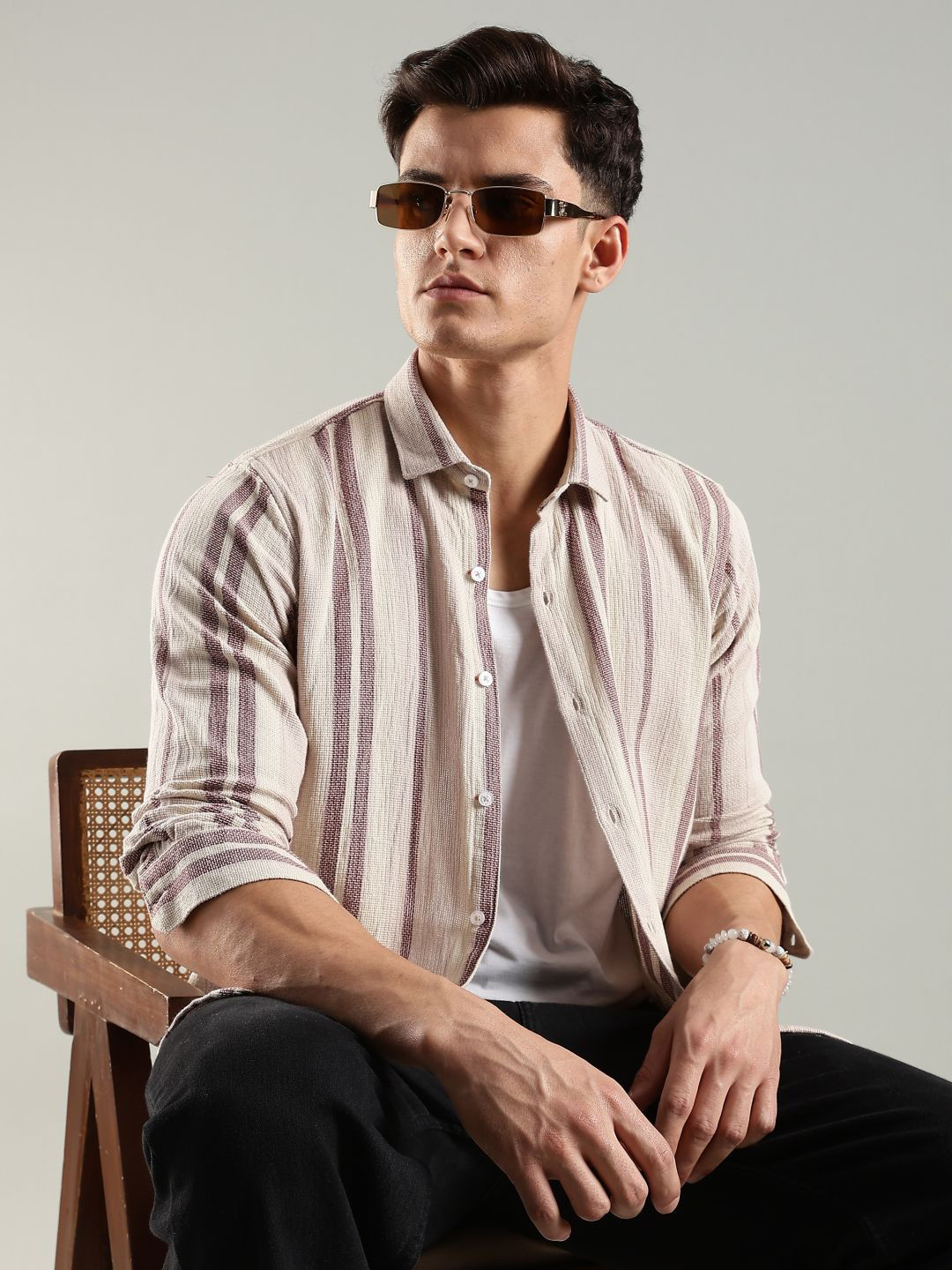 OG For Real Men Original Slim Fit Vertical Striped Spread Collar Pure Cotton Casual Shirt