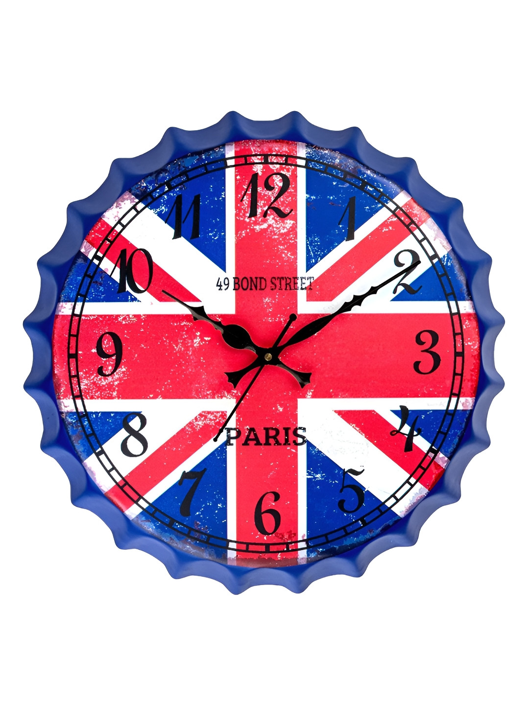 eazy wagon Blue & Red Printed British Flag Bottle Cap Metal Round Shaped Wall Clock