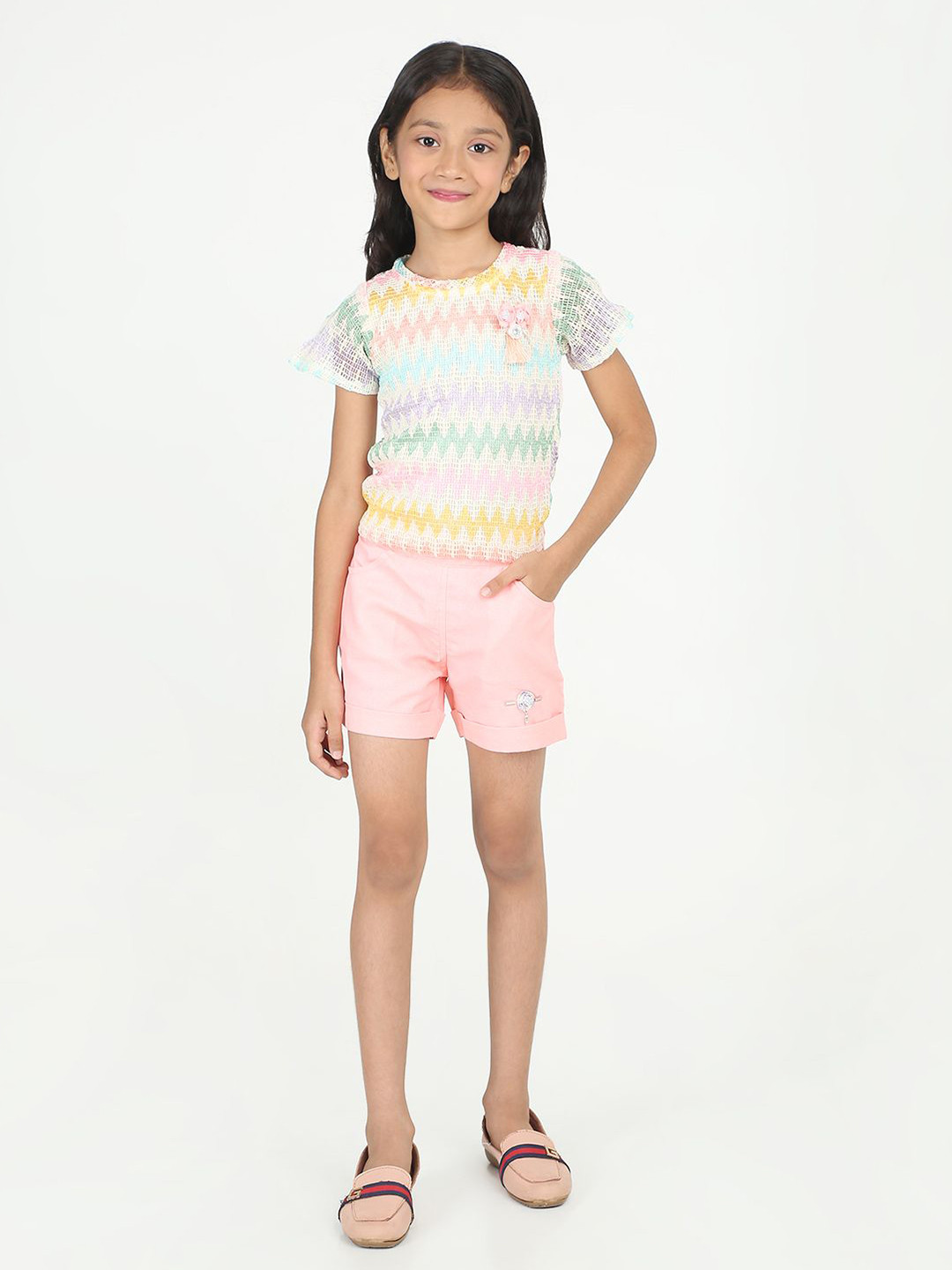 Be Kids Girls Round Neck Short Sleeves Pastel Rainbow Knit Top with Pink Casual Shorts Set